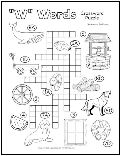 Letter "W" Words Crossword Puzzle for Kids
