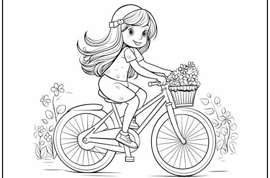 Girl on Bicycle Coloring Page