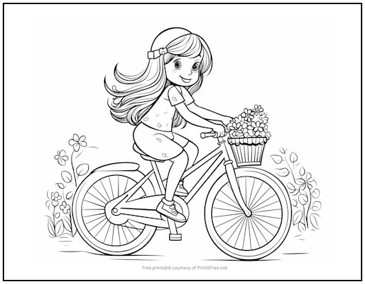 Girl on Bicycle Coloring Page