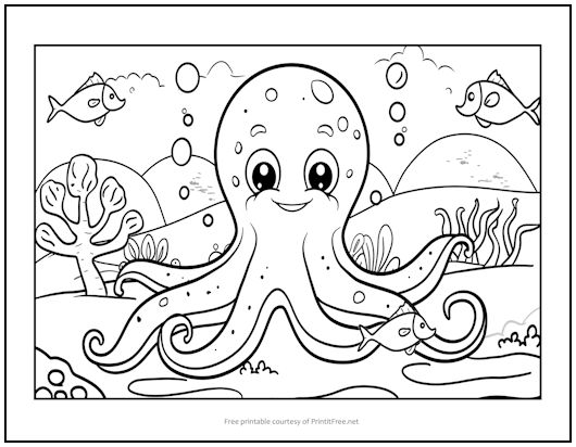 Octopus in Ocean Coloring Page