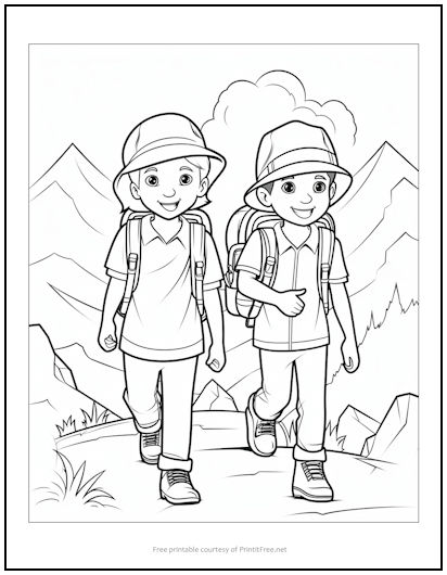 Young Hikers Coloring Page