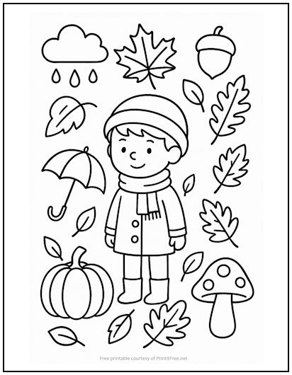 Autumn Boy Collage Coloring Page