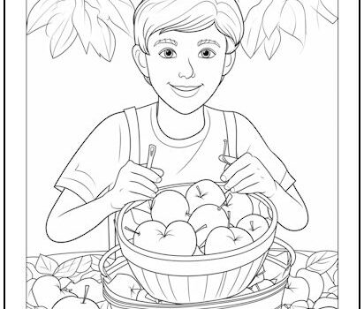 Boy with Apples Coloring Page Boy with Apples Coloring Page