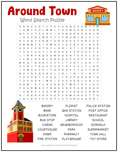 Around Town Word Search Puzzle