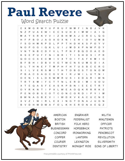 Paul Revere Word Search Puzzle