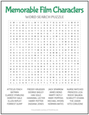 Memorable Film Characters Word Search Puzzle